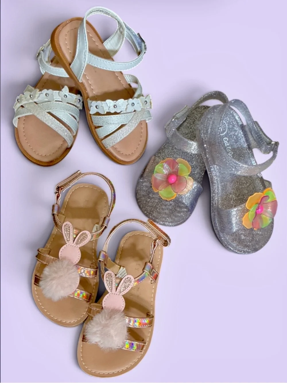 Girls Sandals - Sz 7 - White, Bunnies, Flowers Trio Bundle